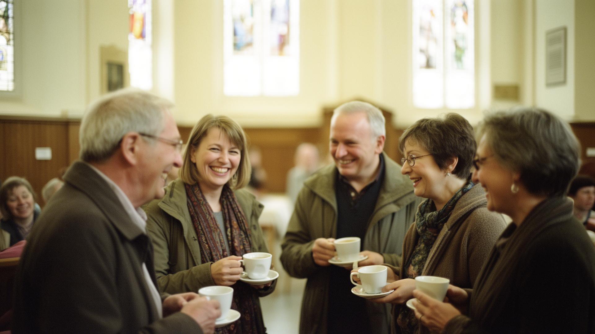 Members of the congregation chatting over tea after the Sunday service